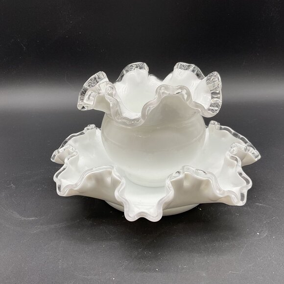 Vintage Silvercrest Fenton Vase & Dish Milk Glass 4"H x 7.5"D - Picture 2 of 7